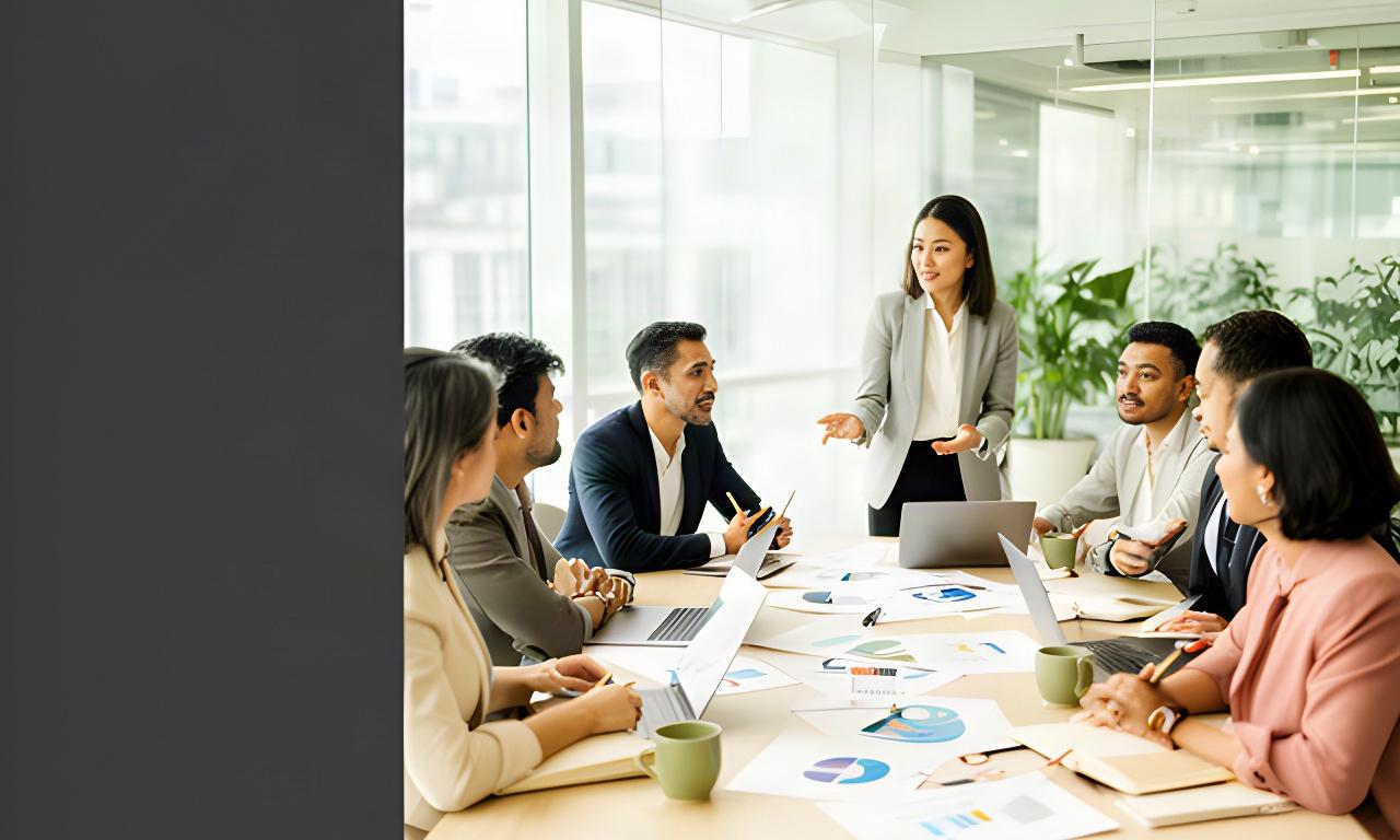 Singapore consulting team discussing growth plans around a bright meeting table