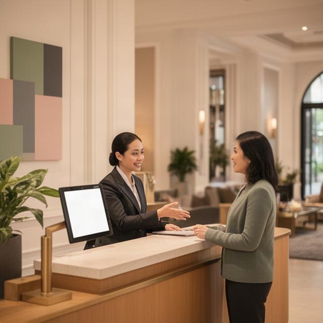 Boutique hotel reception with a guest being welcomed by staff in Singapore