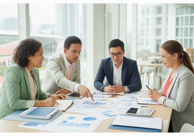 Consulting team reviewing market charts around a table in a bright Singapore office