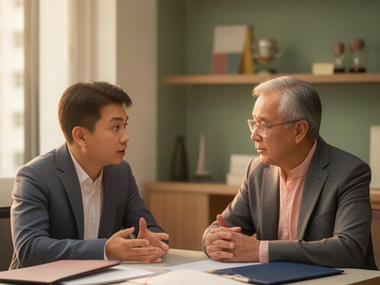 Second-generation Singapore business owner meeting an adviser at a family company office