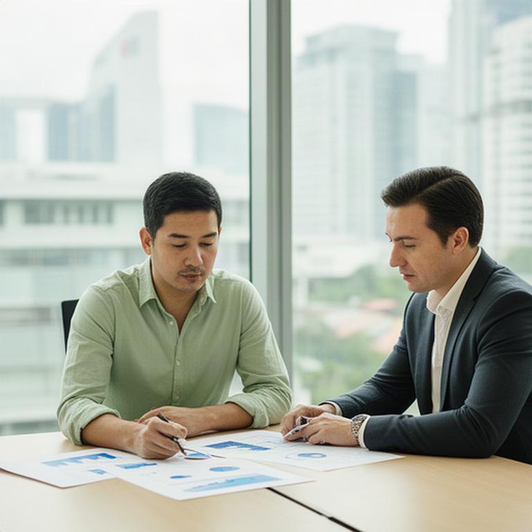 Singapore founder reviewing financial projections with an adviser beside a glass meeting room window