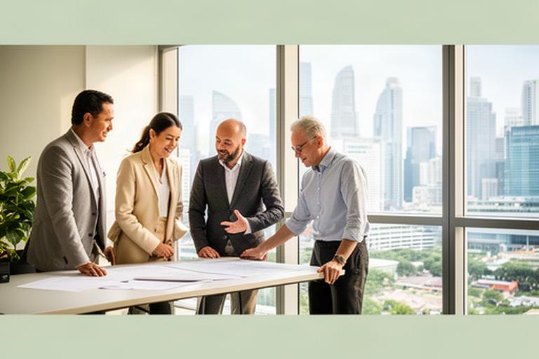 Singapore business leaders reviewing growth plans beside a bright city skyline