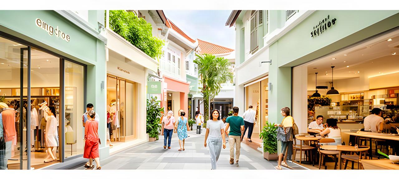 Bright Singapore retail and dining street with customers entering shops and a modern cafe