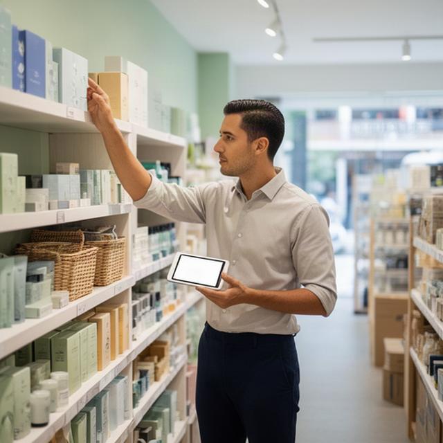 Retail manager reviewing shelves and stock levels in a Singapore shop